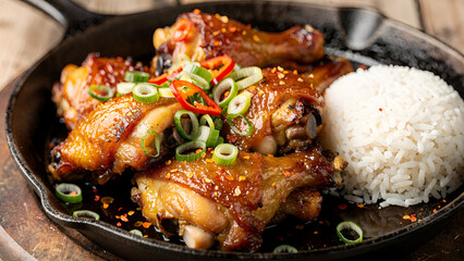Fototapeta premium Vietnamese caramel chicken, caramelized chicken thighs glazed in rich amber fish sauce caramel, garnished with green onions and chili, served in a rustic pan with steamed jasmine rice on the side 