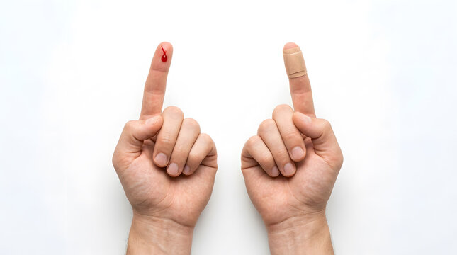 Comparison of a bleeding cut on a finger and a finger with an adhesive bandage plaster, first aid concept.