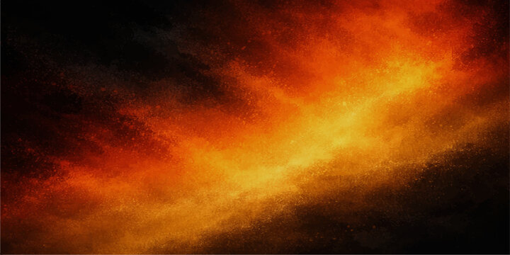 An abstract burning fire background with hot orange flames and red smoke exploding against a dark blue stormy sky texture