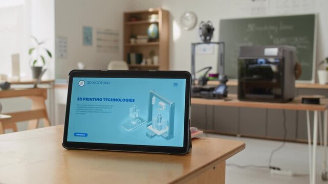 No people shot of 3D printing technologies illustration open on digital tablet, while two 3D printers working in modern school classroom