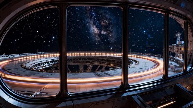 Space station interior view with circular window looking at ring structure and starry galaxy background