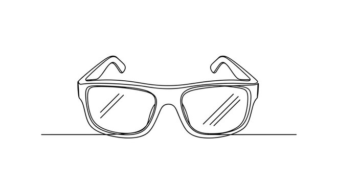 A minimalist single continuous black line drawing of rectangular eyeglasses frames resting horizontally on a solid white background.