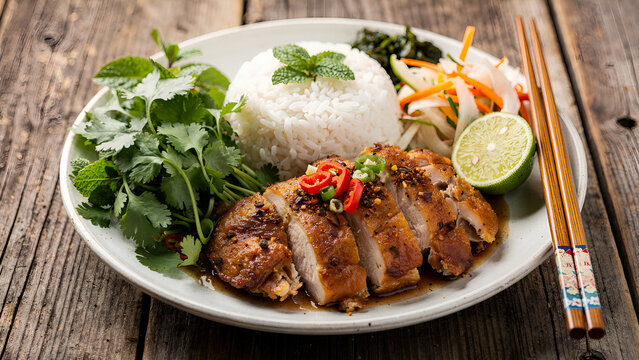 Five spice chicken Vietnamese dish, Ngũ Vị Hương chicken, beautifully plated with steamed jasmine rice, fresh herbs like cilantro and mint, pickled vegetables, lime wedge, chopsticks, on a rustic wood