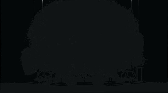 Silhouette of a large tree with a swing set against a dark background.
