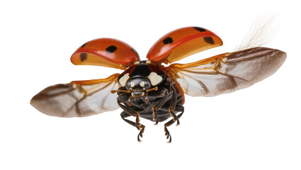 Red ladybug with black spots in flight wings spread, isolated on transparent background © Johnson