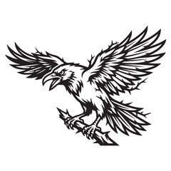 Obraz premium Stylized black and white vector illustration of a raven perched on a thorny branch.