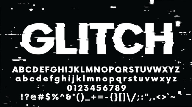 Glitch Font Alphabet and Numbers with Digital Distortion Effect on Black Background