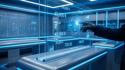 Obraz premium Innovative Data Control Hand Engaging with Advanced Holographic Interface in Futuristic Command Center for Real-time Digital Analysis