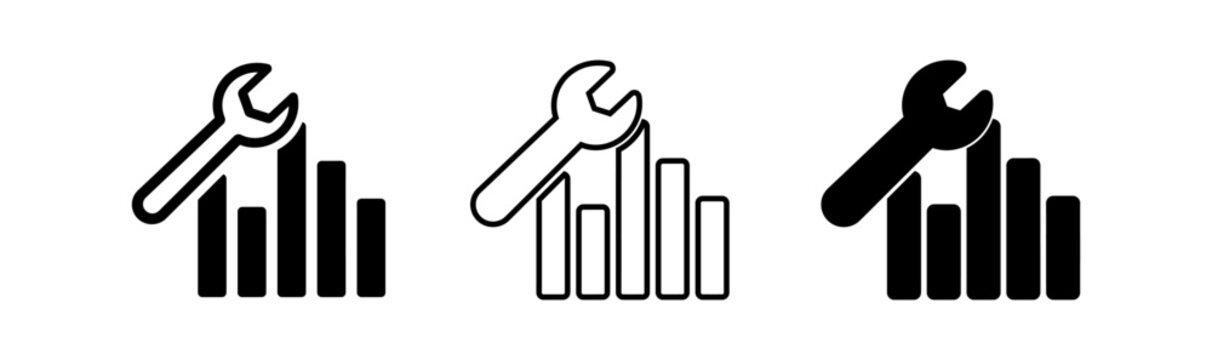 Three line icons of wrenches on bar graphs for business and analytics