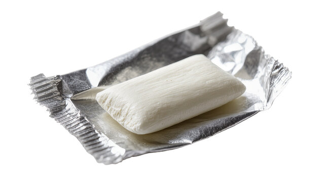 White chewing gum piece in opened silver foil wrapper, isolated on transparent background