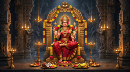Obraz premium Goddess Lakshmi devotional festival background featuring majestic temple architecture, glowing diya lamps and floral offerings with radiant golden lighting symbolizing prosperity, blessings and spirit
