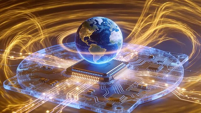 Digital earth globe hovering above microchip on circuit board with glowing lines
