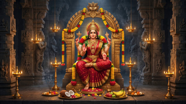 Goddess Lakshmi devotional festival background featuring majestic temple architecture, glowing diya lamps and floral offerings with radiant golden lighting symbolizing prosperity, blessings and spirit