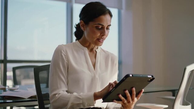 Holding tablet Indian woman in white top tapping and swiping while reviewing papers at window