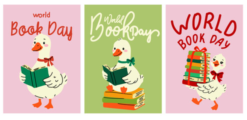 Cute cartoon card set featuring adorable white geese © Dmytro