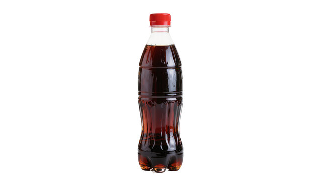 Full plastic bottle of dark cola beverage with red cap, isolated on transparent background