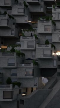 The image shows a unique structure with interlocking concrete boxes. Various plants grow on the balconies. It is dusk and the lights start to glow in some windows.