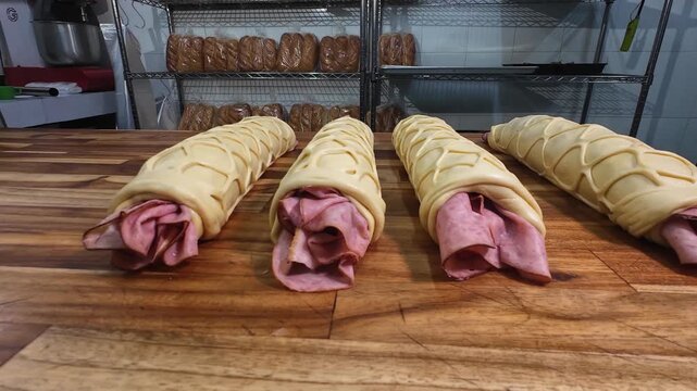 Close-up of artisan Venezuelan Christmas breads with decorative lattice dough, showcasing a professional production process and culinary perfection.