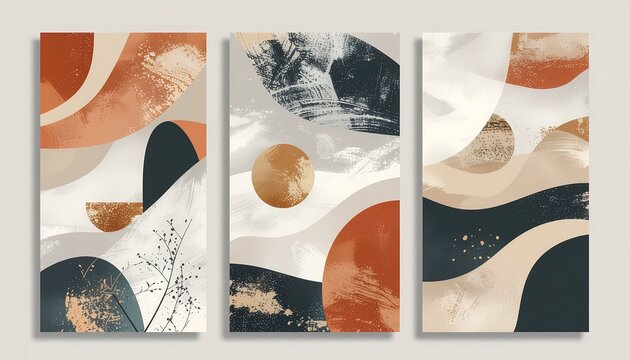 Modern Abstract Wall Decor Set Showcasing Organic Forms, Terracotta Hues, and Subtle Botanical Elements for Contemporary Living Spaces