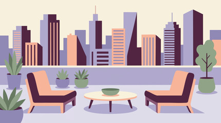 Naklejka premium Modern Rooftop Terrace with City Skyline and Outdoor Furniture Illustration