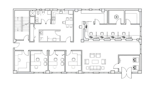 Detailed architectural floor plan of a modern office space with workstations meeting rooms and amenities Keywords: floor plan architectural drawing office layout interior design blueprint building