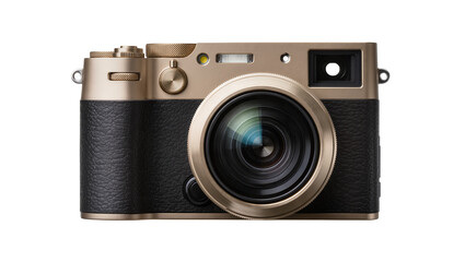 Gold and black digital camera with lens, isolated on transparent background © Johnson