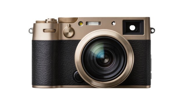 Gold and black digital camera with lens, isolated on transparent background