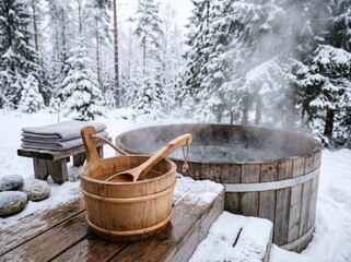 Fototapeta premium Wooden sauna bucket and ladle resting beside a steaming outdoor bath in snowy winter atmosphere