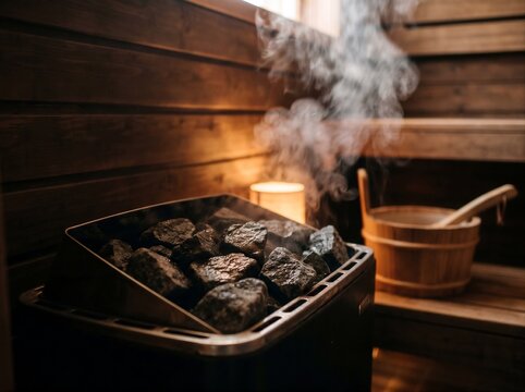 Gentle steam rises from glowing sauna stones illuminated by soft warm light, conveying serene relaxation.
