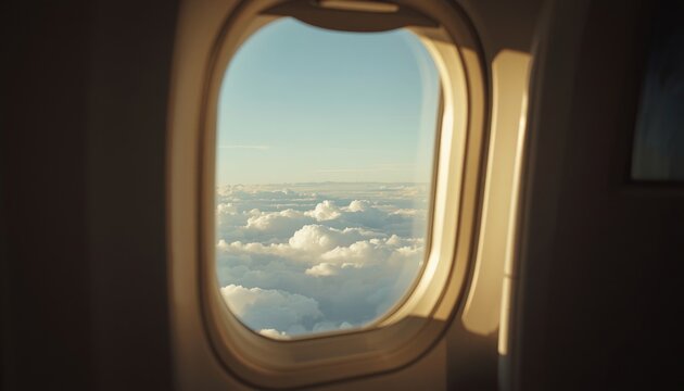 Looking out of an airplane window at the clouds and sky