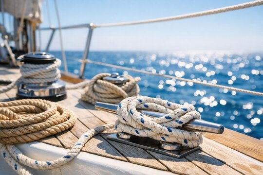 Close up of yacht deck with rope and cleat sailing on blue sea sunny marine travel concept