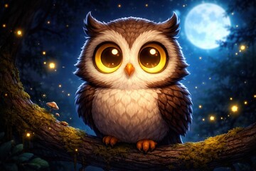 Obraz premium Cute owl with glowing eyes sitting on tree branch under full moon in magical night forest