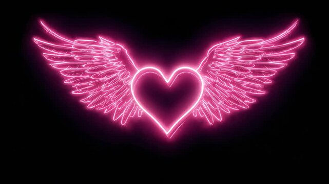 Glowing neon heart with angel wings on dark background for love fantasy and romantic concept