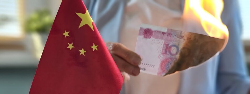 Burning currency next to a China flag reflects economic tensions