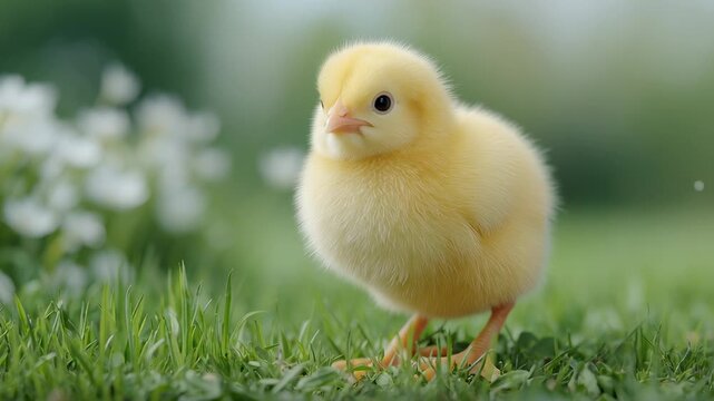 Yellow chick standing in green grass field. Small bird looking around in nature.