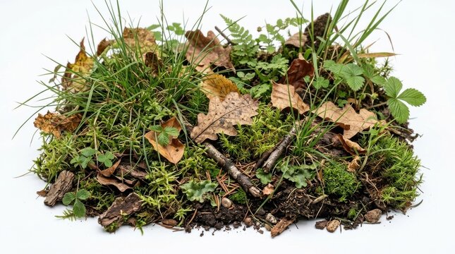 Forest floor patch with green moss and dry autumn leaves, natural woodland soil sample on white background, organic ground cover with grass and twigs
