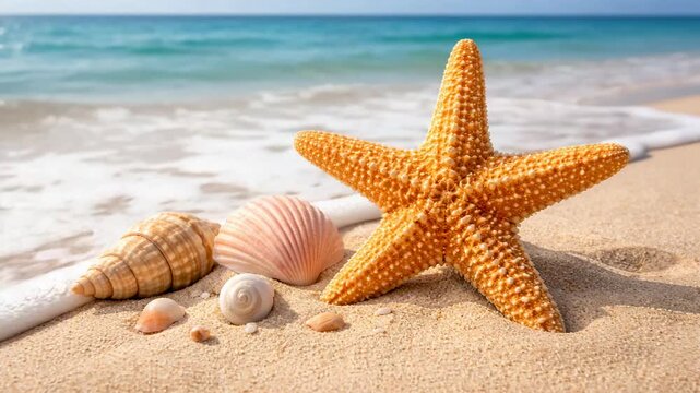 Starfish and seashell collection on sandy beach with gentle ocean waves in tropical sunlight