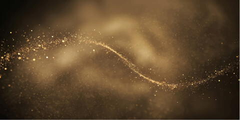 Golden particles and dust swirl and dance in a dynamic, abstract motion, creating a sense of magic and wonder in a bokeh-filled background. © BIBI