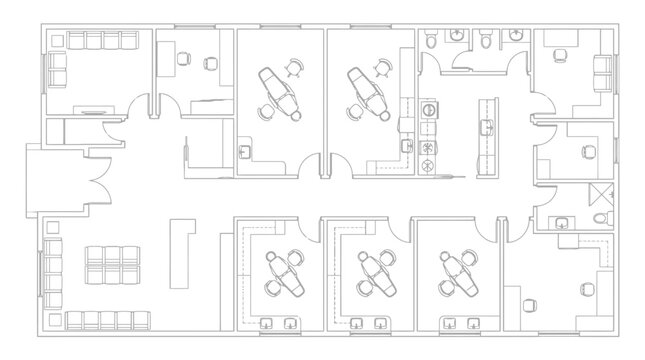 Floor plan blueprint of a dental clinic with multiple examination rooms and waiting area Keywords: dental clinic floor plan, blueprint, medical facility layout, examination rooms, waiting area