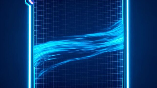 Futuristic digital screen with blue neon edges and flowing smoke light on black background