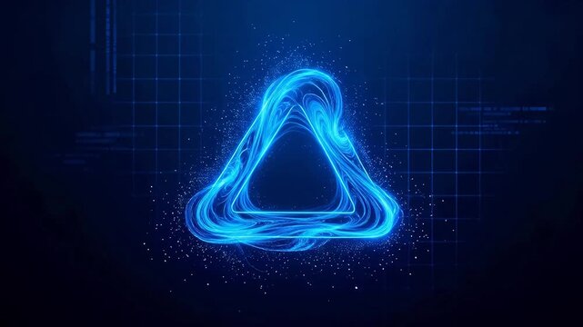Blue glowing fluid triangle shape with particles on dark grid background