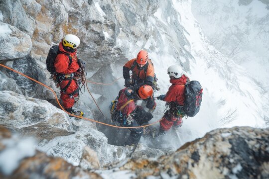 Mountain rescue team assists injured climber on icy cliff, alpine rescue in winter storm, rope team secures steep rock slope