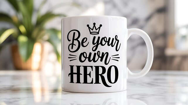 White ceramic mug with inspirational quote Be Your Own Hero and decorative crown graphic displayed prominently