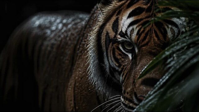 A majestic tiger with rain soaked fur stands partially hidden behind dark tropical foliage in a moody rainforest setting, capturing the intense and powerful gaze of the apex predator in its wild habit