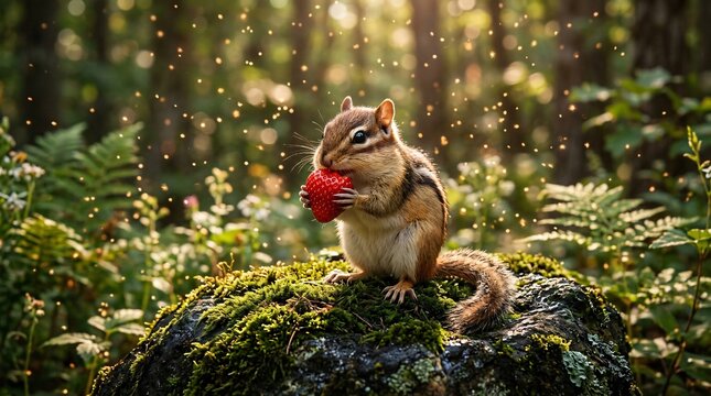 Cute little wild chipmunk sitting upright on a dark mossy forest boulder, adorably holding and nibbling on a giant bright red strawberry.
