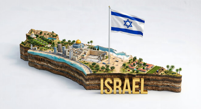 Israel miniature Isometric diorama. Dome of the Rock, Western Wall, Mediterranean coast, Bahai Gardens. Geography Middle East cultural heritage tourism map topographic religious travel destination