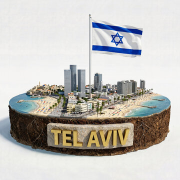 Israel, Tel Aviv Isometric diorama. Mediterranean coastline, skyscrapers, old Jaffa architecture. Urban miniature showing cross-section earth travel tourism geographic souvenir, Middle East