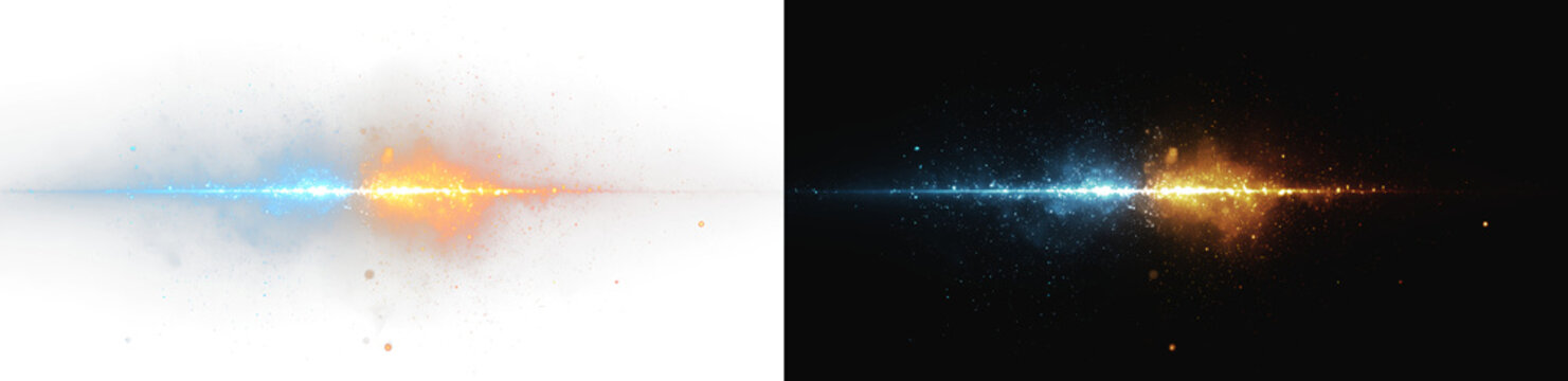 Abstract futuristic background with glowing fire and ice energy beam explosion on split screen backdrop