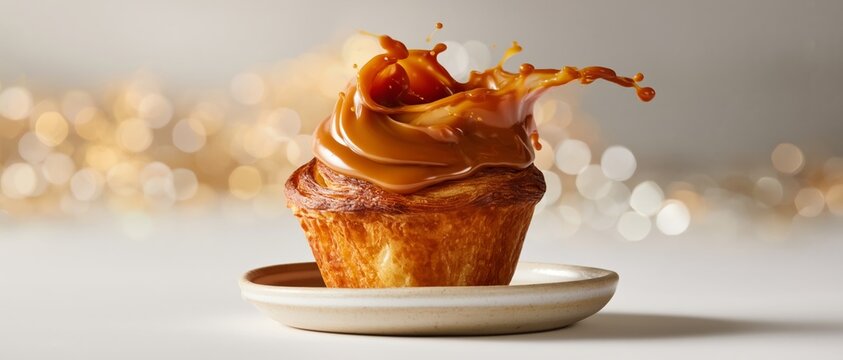 Gourmet cruffin pastry with rich caramel sauce splashing on top
