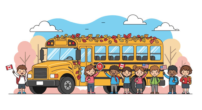 Happy Diverse Students Holding Flags in Front of a School Bus, Welcoming Autumn Season and International Education